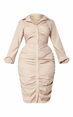Plus Stone Poplin Ruched Front Midi Shirt Dress -US Dresses Sales Store cdefd05c672e9d76376f237efdee61b690e26b44 cnb4218 5