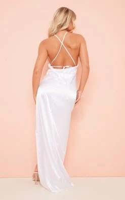 White Satin Lace Up Back Halterneck Maxi Dress