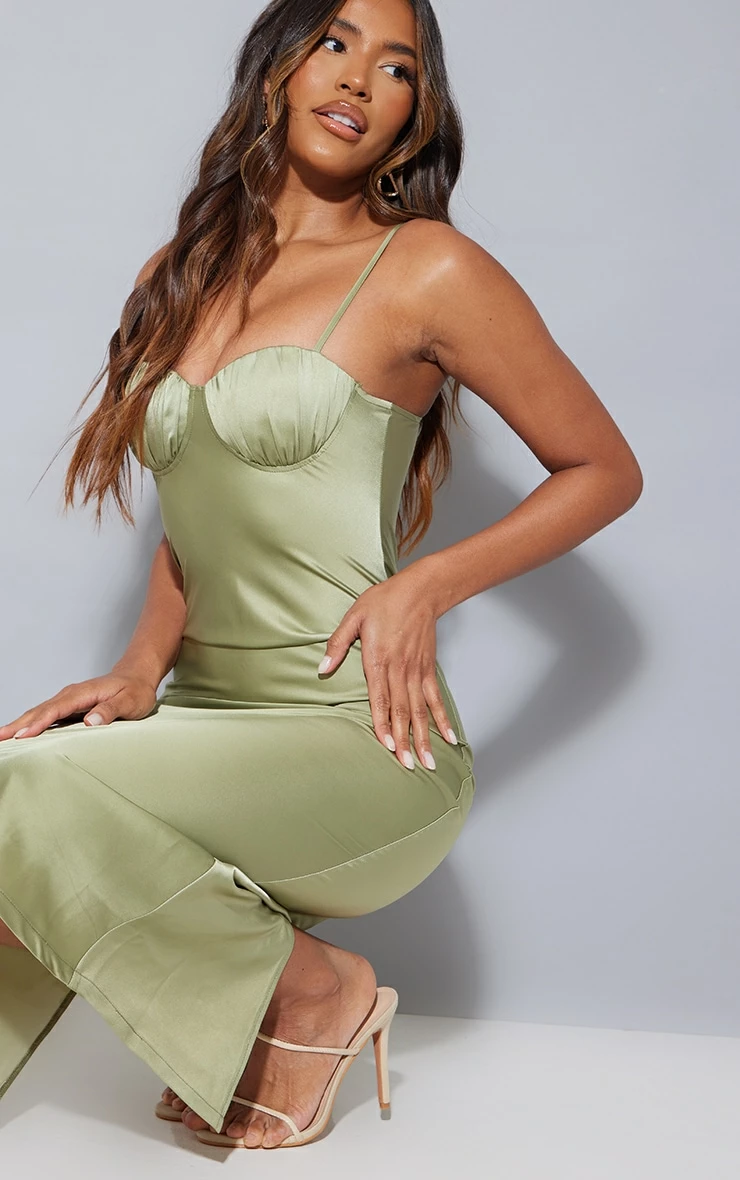 Sage Green Satin Ruched Cup Strappy Midi Dress 6 Sage Green Satin Ruched Cup Strappy Midi Dress - Image 4