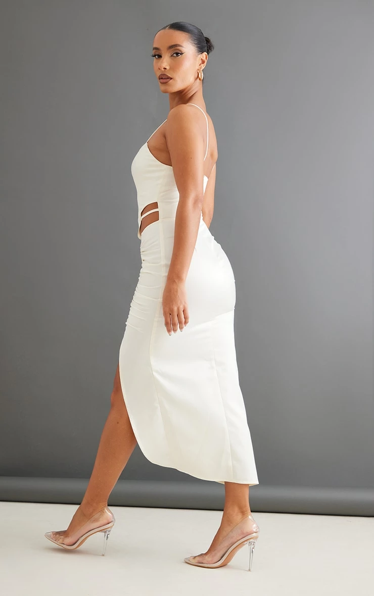 Cream Satin Corset Ruched Skirt Strappy Midaxi Dress 4 Cream Satin Corset Ruched Skirt Strappy Midaxi Dress - Image 2