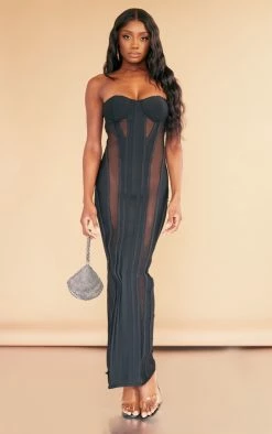 Black Bandage Cup Detail Mesh Insert Midaxi Dress