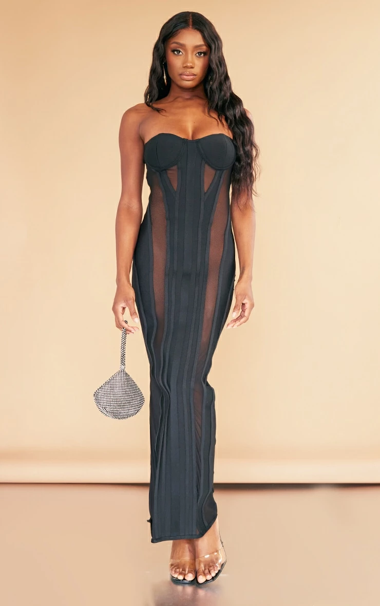 Black Bandage Cup Detail Mesh Insert Midaxi Dress 3 Black Bandage Cup Detail Mesh Insert Midaxi Dress