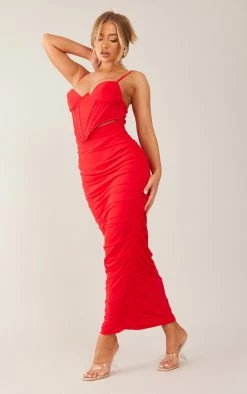 Red Mesh Underwired Corset Detail Strappy Midaxi Dress