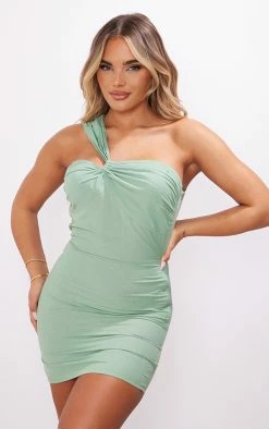 Pistachio Linen Look One Shoulder Knot Detail Bodycon Dress