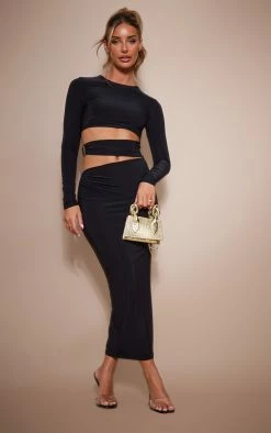 Black Slinky Cut Out Waist Ring Detail Midi Dress