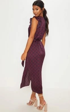 Navy Geo Print Satin Frill Shoulder Split Midi Dress -US Dresses Sales Store d2ce972dc25bbb3a03cad0119de039040af484bb cly2441 2