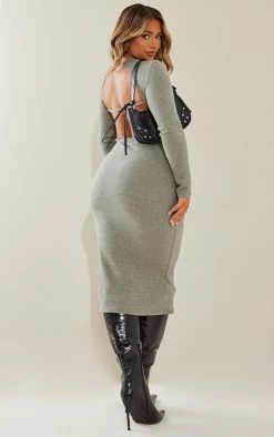 Shape Dark Olive Rib Long Sleeve Open Back Midaxi Dress
