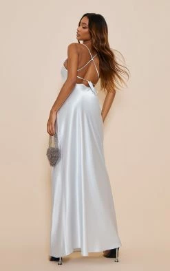 Silver Satin Cowl Neck Tie Back Maxi Dress