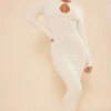 Ecru Wide Rib Keyhole Cut Out Long Sleeve Maxi Dress