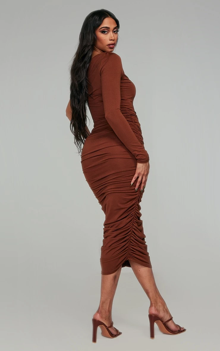 Chocolate Slinky One Shoulder Ruched Midi Dress 4 Chocolate Slinky One Shoulder Ruched Midi Dress - Image 2