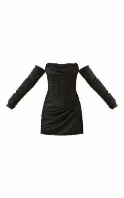 PLT Label Black Satin Corset Ruched Sleeve Bodycon Dress -US Dresses Sales Store d544e892c9a8fd510236d25f2e530b6d2205bf63 cnd9013 5