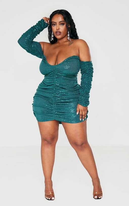 Plus Emerald Green Sequin Bardot Ruched Long Sleeve Bodycon Dress -US Dresses Sales Store d574a1fd8c95dd926a4968fc641f13c346101b72 cnb4194 1