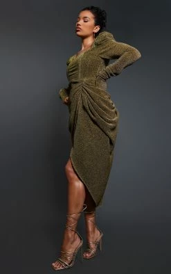 Gold Glitter Plisse Puff Split Sleeve Draped Midi Dress -US Dresses Sales Store d6918a013f4b02e4f7b2dd26da4632e521e851d7 cnb7988 3