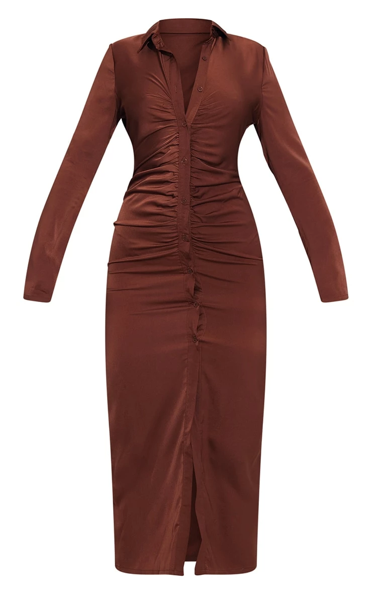 Chocolate Ruched Satin Maxi Shirt Dress 7 Chocolate Ruched Satin Maxi Shirt Dress - Image 5