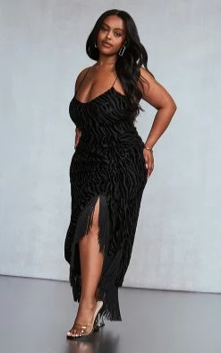 Plus Black Devore Tassel Detail Underwired Draped Midi Dress