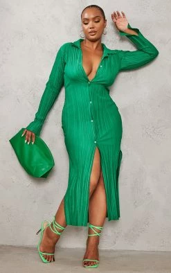 Plus Bright Green Plisse Oversized Midi Shirt Dress