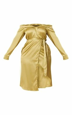 Plus Olive Satin Bardot Lapel Detail Wrap Midi Dress -US Dresses Sales Store d806fdbf5d8803206b804a10362b9b0dfcc5773b cmw4021 5