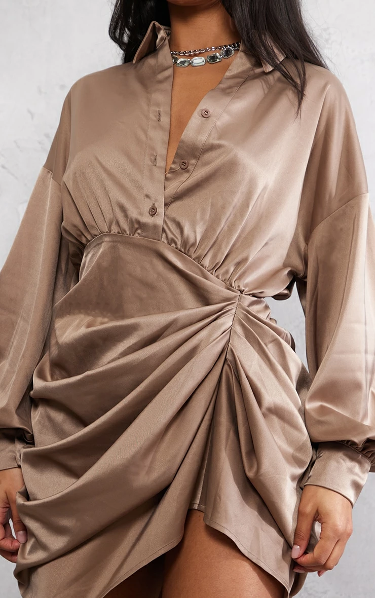 Taupe Satin Drape Skirt Oversized Sleeve Shirt Dress 6 Taupe Satin Drape Skirt Oversized Sleeve Shirt Dress - Image 4