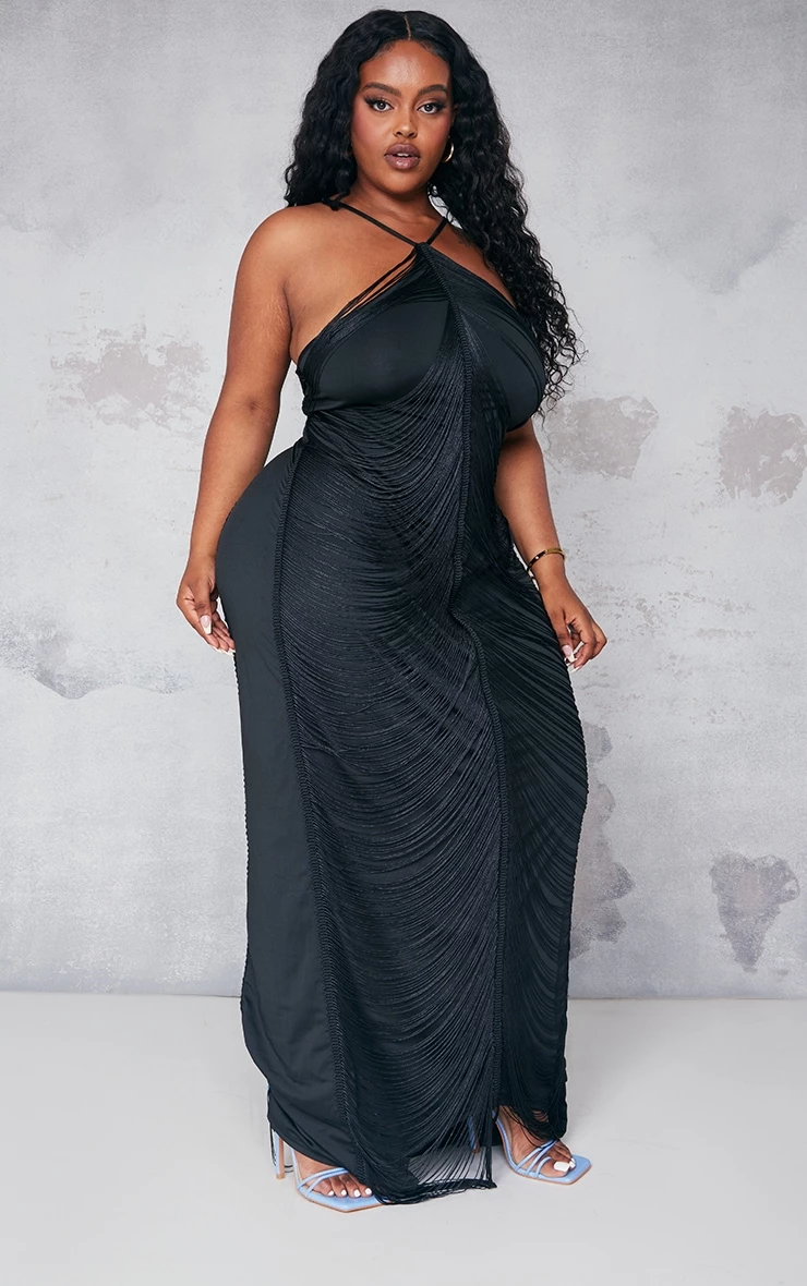 Plus Black Tassel Distressed Low Back Maxi Dress 3 Plus Black Tassel Distressed Low Back Maxi Dress