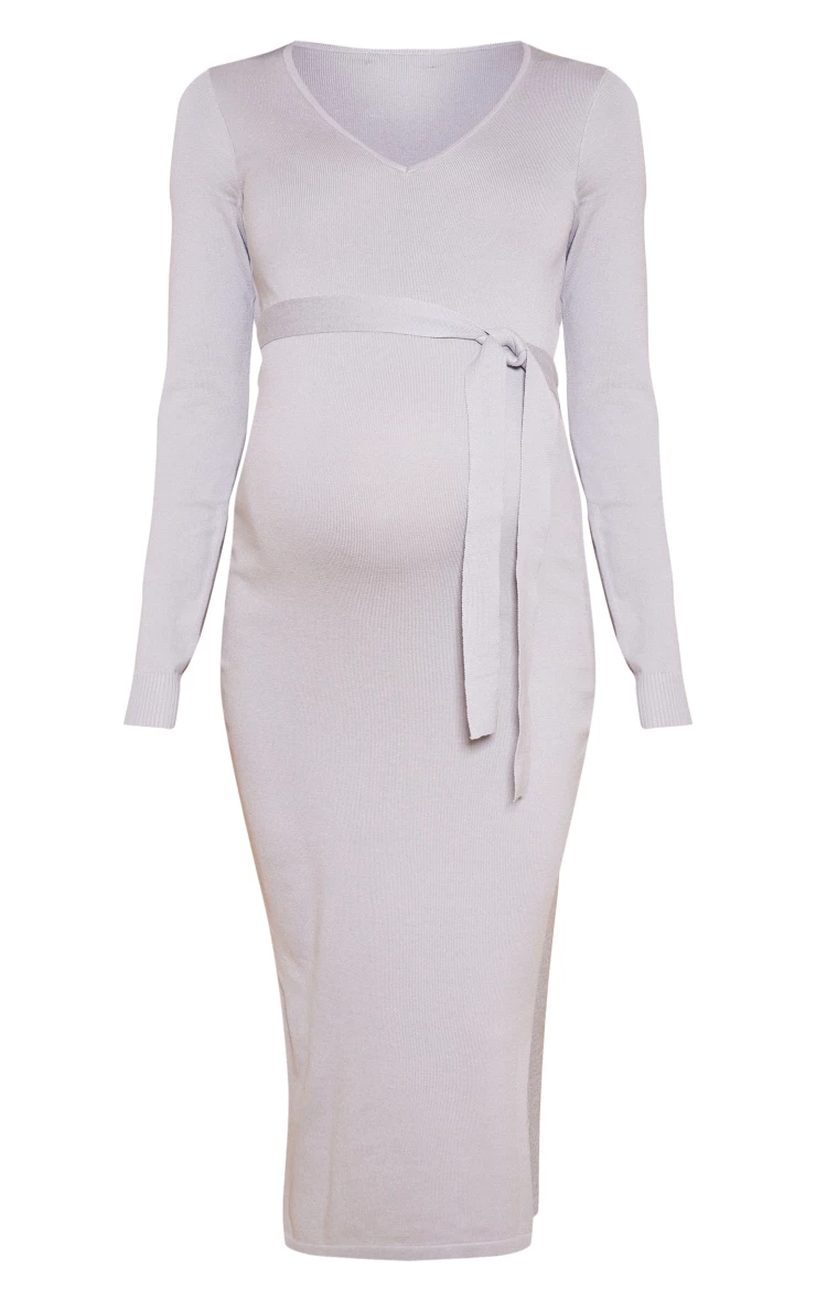 Maternity Grey V Neck Bodycon Dress With Tie 7 Maternity Grey V Neck Bodycon Dress With Tie - Image 5