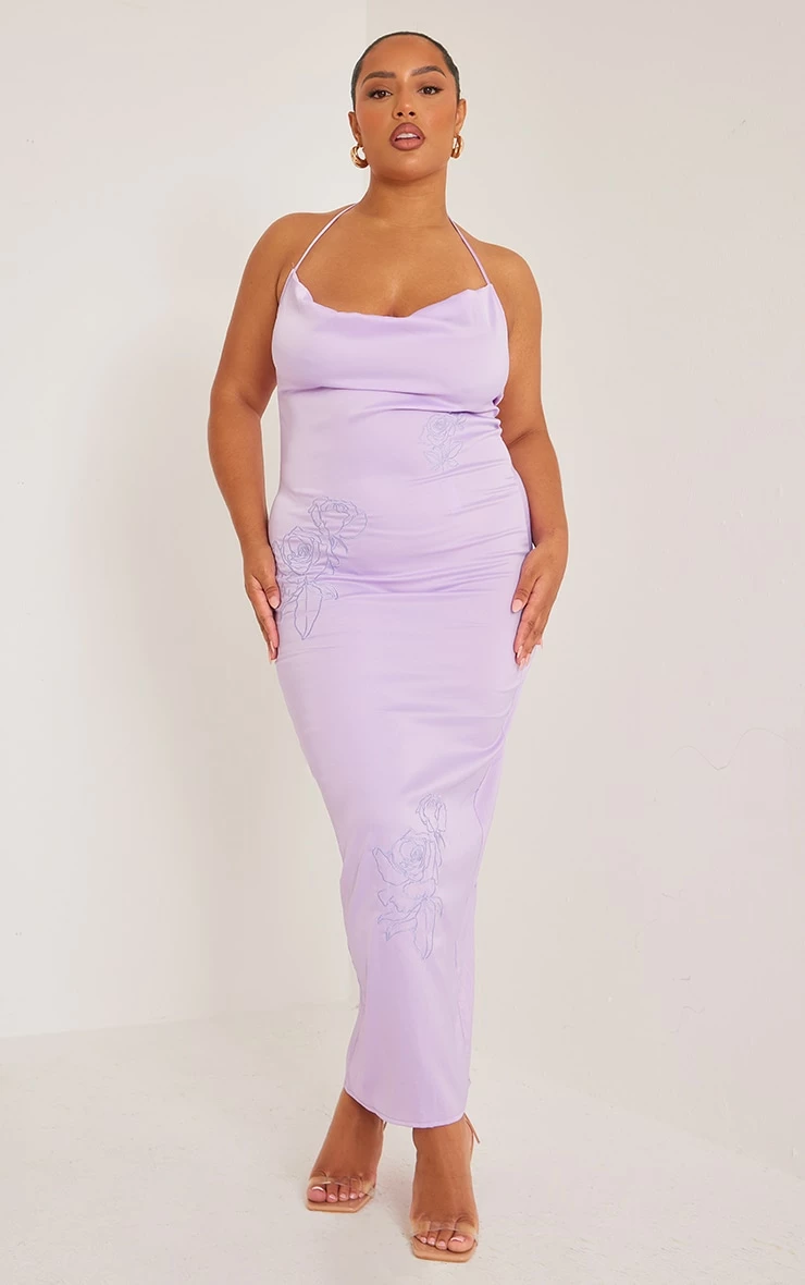 Plus Lilac Halterneck Satin Embroidered Maxi Dress 3 Plus Lilac Halterneck Satin Embroidered Maxi Dress