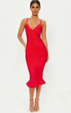 Red Bandage Strappy Frill Hem Midi Dress