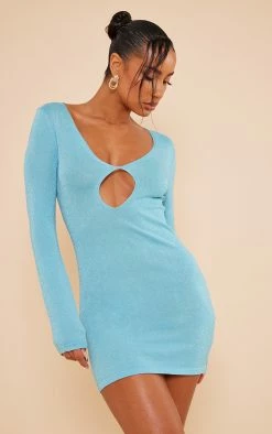 Aqua Glitter Knit Plunge Cut Out Dress