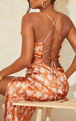 Rust Floral Print Button Detail Satin Midi Slip Dress -US Dresses Sales Store dc8fd608b71714f8fcebdbd48c981e604564623d cmt1593 5