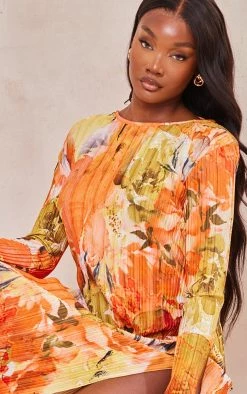 Tall Orange Floral Print Plisse Long Sleeve Split Detail Midi Dress -US Dresses Sales Store de48f66400c0fc03cf94ede22da320eb7bab3ced cne4926 4