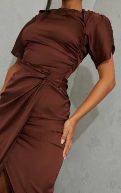 Chocolate Satin Short Sleeve Ruched Midaxi Dress -US Dresses Sales Store dea4cb421966e646e707fb3e5900bdfdaaf68fd7 cmq1693 5