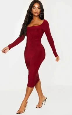 Shape Burgundy Slinky Panelled Long Sleeve Midi Dress -US Dresses Sales Store ded42c092859ee71ae8a72060d34b5b115f407ea cmg4219 4