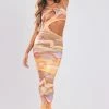 Orange Abstract Print Slinky Ring Detail Cut Out Maxi Dress