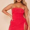 Shape Red Slinky Bandeau Ruched Side Frill Hem Bodycon Dress