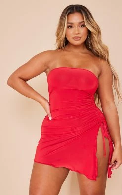 Shape Red Slinky Bandeau Ruched Side Frill Hem Bodycon Dress