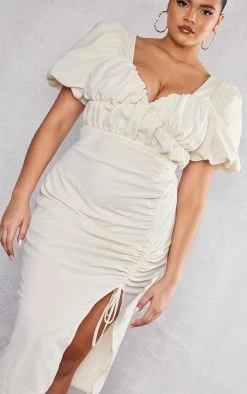 Plus Cream Puff Sleeve Ruched Side Split Midi Dress -US Dresses Sales Store e2d2edce62a49db6c0d28eb205b66486b156bd46 cnc5208 4
