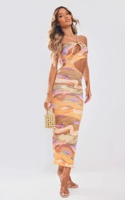 Orange Abstract Print Slinky Ring Detail Cut Out Maxi Dress -US Dresses Sales Store e339d3f7ba71bb716b1690efa044edf616ee7922 cne2706 3