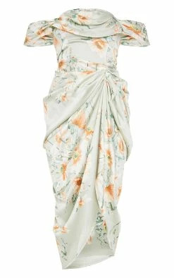 Sage Green Floral Print Satin Draped Bardot Midi Dress -US Dresses Sales Store e35bd75e08538ad361431610708c7cbfb458038f cmq6545 6