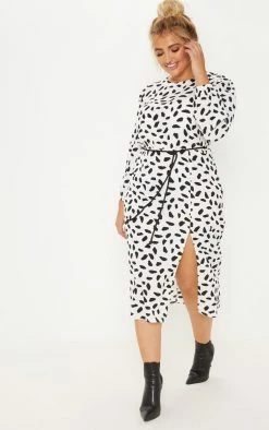 Plus White Tie Waist Dalmatian Print Midi Dress