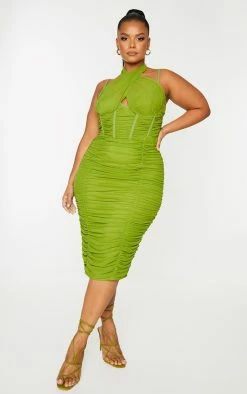 Plus Olive Mesh Cross Front Corset Detail Midi Dress