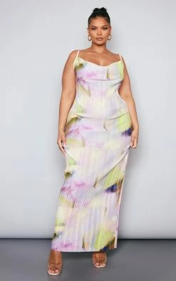 Plus Lilac Watercolour Printed Plisse Cowl Neck Maxi Dress