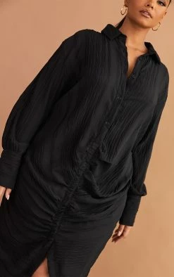 Plus Black Textured Gathered Detail Long Sleeve Maxi Shirt Dress -US Dresses Sales Store e4968b2b54584f77b1ac893023cb29c0d1d8b587 cmw4085 5