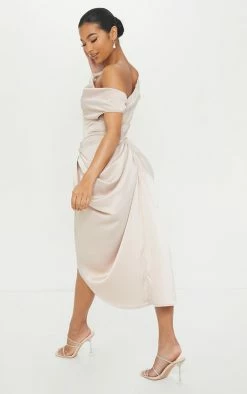 Champagne Satin Off The Shoulder Draped Skirt Midi Dress -US Dresses Sales Store e539a3ef85a3ca62bb745bb70aa254d49db6aaf9 cmo6935 3