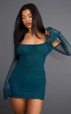 Teal Mesh Cold Shoulder Flute Sleeve Bodycon Dress