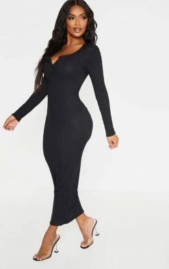 Shape Black Ribbed Button Front Long Sleeve Midaxi Dress -US Dresses Sales Store e65548da6472f424a4da5d3125d6c622473e871f cme1713 4