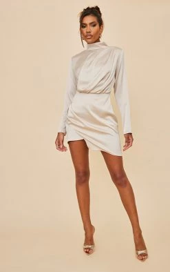 Champagne Satin Shoulder Pad Long Sleeve Bodycon Dress -US Dresses Sales Store e65658afb373a3e0e7af2b57c0d39426ddfb86fc cnc5937 3