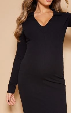 Maternity Black Crinkle Rib Plunge Midi Polo Dress -US Dresses Sales Store e6a1ba7f20d574da8a22747695d22a14374fabf8 cnb6514 4