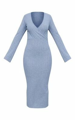 Grey Rib Wrap Midi Dress With Flared Cuff -US Dresses Sales Store e6b7e35b04baeea6c97cd5cf21de91d9e307c12c cnc1138 5