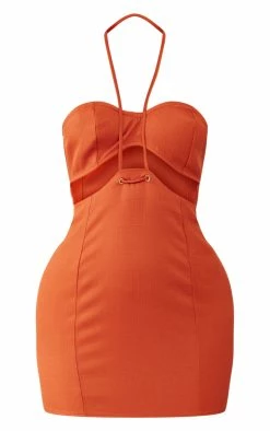 Rust Woven Linen Cut Out Strap Detail Bodycon Dress -US Dresses Sales Store e6f357c6528b454a980fa526fa26545d1e70736a cnd7654 5