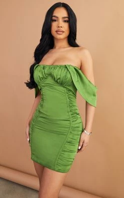 Petite Olive Satin Ruched Detail Bardot Bodycon Dress -US Dresses Sales Store e720eaaf9515cc2a3adea11d3d3c70fb9b906c7b cmw3315 4
