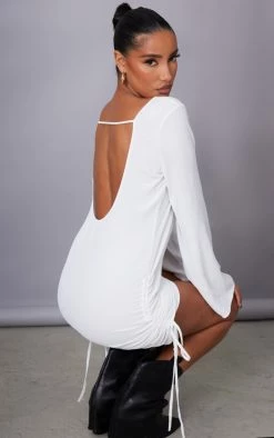 White Textured Satin Ruched Side Backless Bodycon Dress